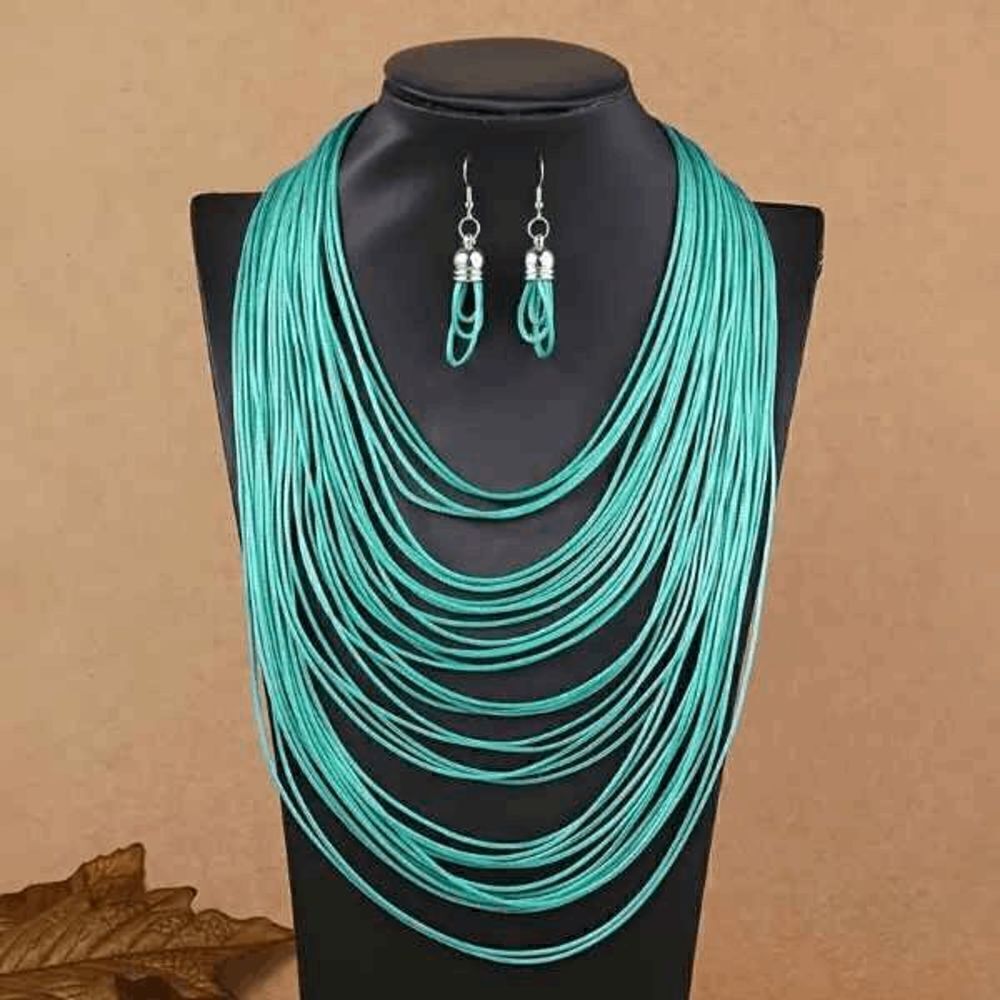 Multi-Layer Turquoise Colored Necklace Earring Jewelry Set
